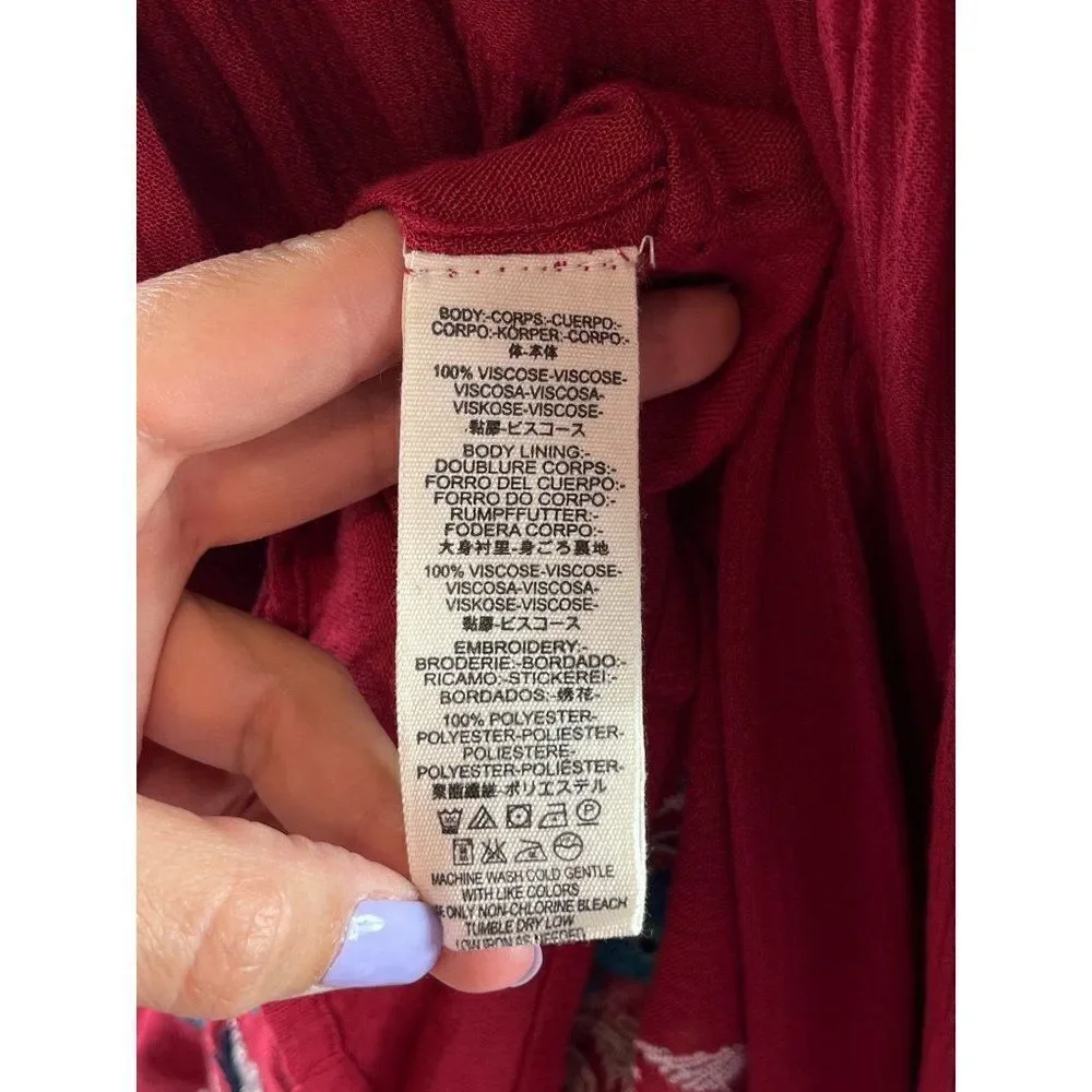 Free People Te Amo Embroidered Mini Dress Red XS Flared Sleeve Flowy Oversized